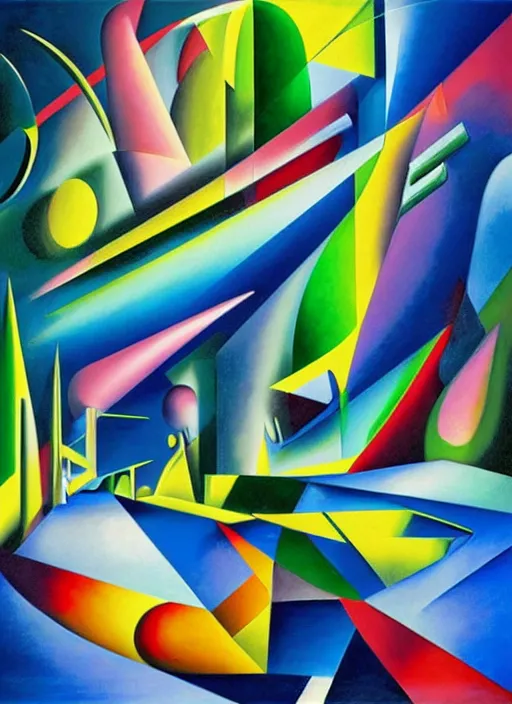 Prompt: A surreal neon painting of Zaha hadid 4d kandinsky cityscape made of cubism futuristic picasso rooms in 4 point perspective by Vladimir kush and dali and kandinsky, 3d, realistic shading, complimentary colors, vivid neon colors, aesthetically pleasing composition, masterpiece, 8k, ultra realistic, super realistic