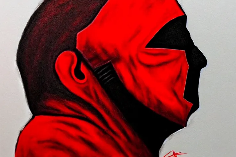 Prompt: michael myers mask, side profile, red, black, vibrant, chiaroscuro, high detail, perfect artwork, clean lines