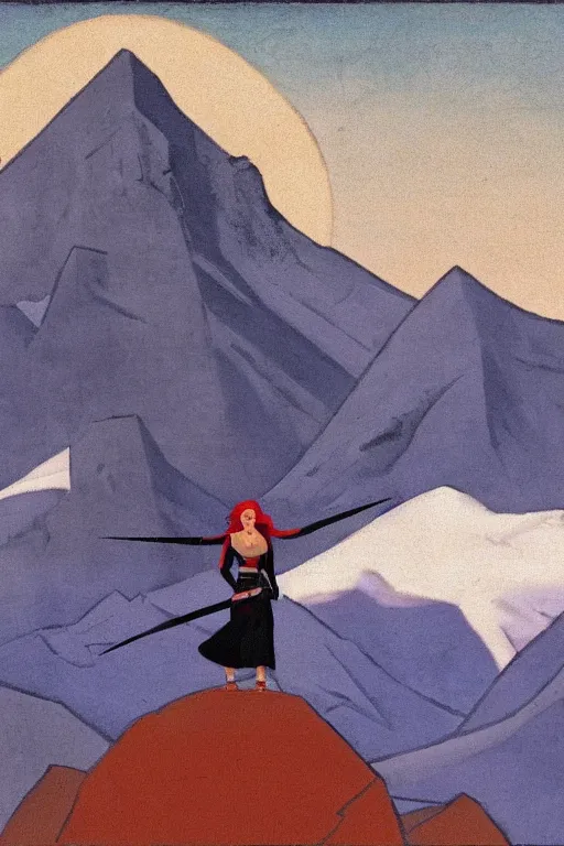 Image similar to black widow ( natasha romanova ) on mountains, marvel, artwork by nicholas roerich,