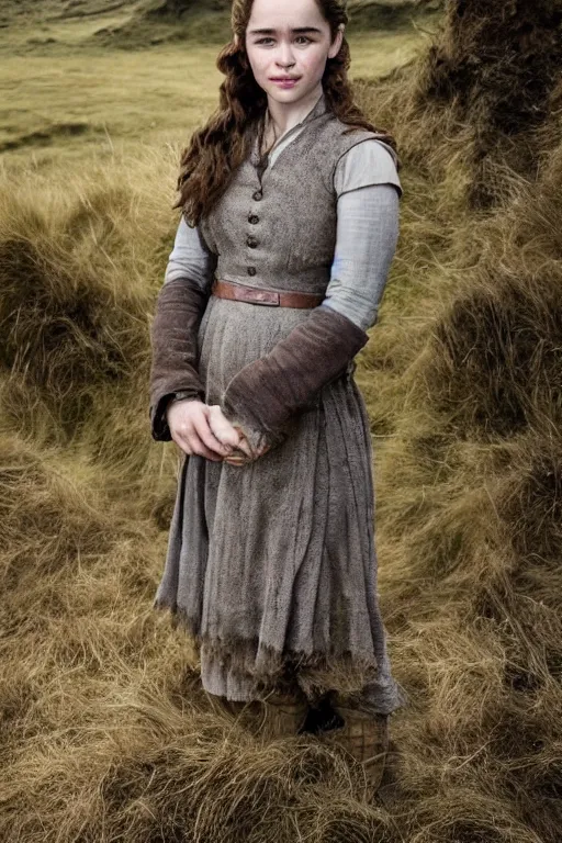 Image similar to Photo of Native Irish woman Emilia Clarke, portrait, skilled shepherdess of sheep, ancient, realistic, detailed, Emilia Clarke