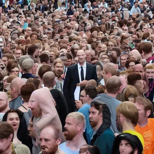 Image similar to a 7 foot tall, ginger, balding man walking among the crowd