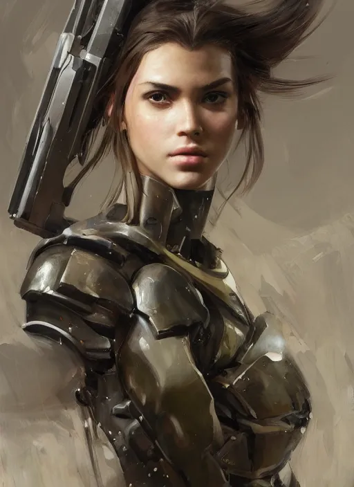 Image similar to a professional painting of a beautiful young female, clothed in military armor, olive skin, long dark hair, beautiful bone structure, symmetrical facial features, intricate, elegant, digital painting, concept art, smooth, sharp focus, illustration, from Metal Gear, by Ruan Jia and Mandy Jurgens and Artgerm and William-Adolphe Bouguerea