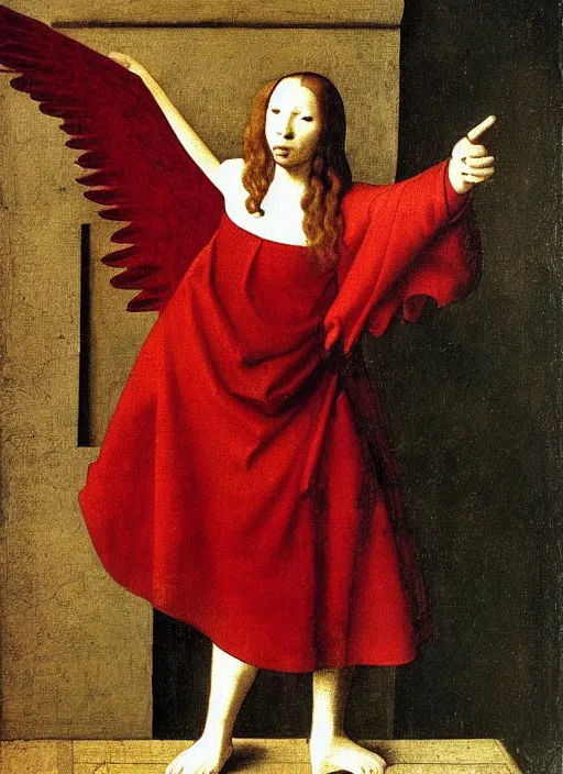 Image similar to Flying Fallen Angel with wings dressed in red, Medieval painting by Jan van Eyck, Johannes Vermeer, Florence