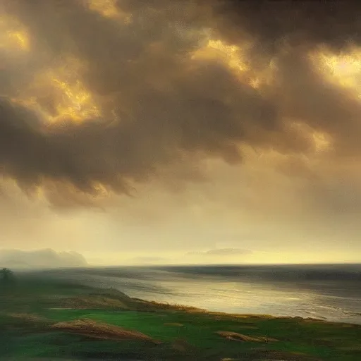 Prompt: sunny day, underlying sense of dread, stormy clouds on the horizon, warm saturated palette, dreary atmosphere, moody, vivid, striking, dramatic, contemporary masterpiece landscape painting