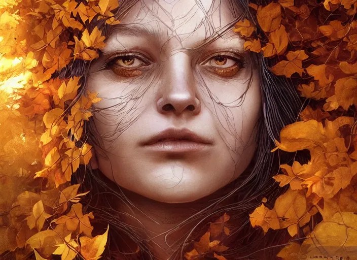 Image similar to golden leaves at frame border, creative!!! composition for a book cover!!!, absurdly beautiful, ultrafine hyperrealistic detailed old witch face by wlop and artgerm and greg rutkowski, intricate linework, sharp focus, smooth, octopath traveler, final fantasy, unreal engine, dramatic lighting, ethereal, 8 k