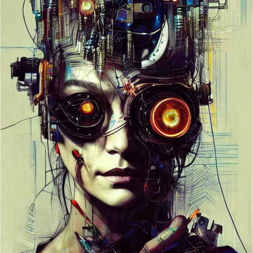 Image similar to shannyn sossamon as a cyberpunk hacker, wires cybernetic implants, in the style of adrian ghenie, esao andrews, jenny saville, surrealism, dark art by james jean, takato yamamoto