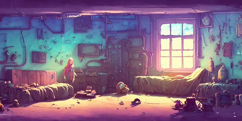 Image similar to room in the sewers, the room is messy and unorganized, bed is not made, sword clothes and posters everywhere, detailed, artstation, 8 k, sci - fi, pastel colors, props, panel, concept, simon stalenhag, in watercolor gouache detailed paintings, moebius, blueprint, building, living room, detailed, posters, sofa