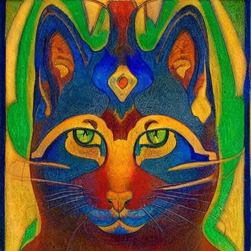 Prompt: painting of cloisonne cat head, by annie swynnerton and diego rivera and nicholas roerich and jean delville, symbolist, dramatic lighting, god rays, art brut, rich colors, smooth, sharp focus, extremely detailed, adolf wolfli and ( donato giancola and bilibin )