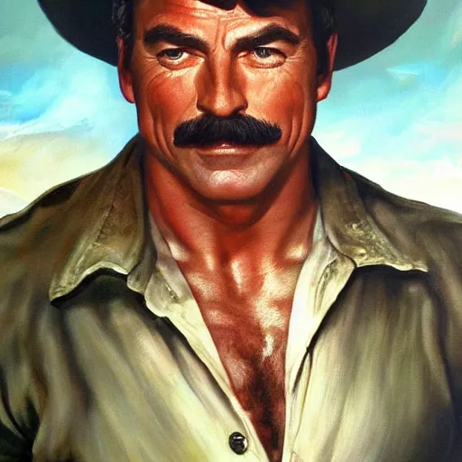 Image similar to ultra realistic portrait painting of tom selleck as dutch van der linde, art by frank frazetta, 4 k, ultra realistic, highly detailed, epic lighting