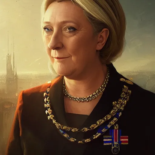 Image similar to Portrait of Marine le Pen as emperor of France , amazing splashscreen artwork, splash art, head slightly tilted, natural light, elegant, intricate, fantasy, atmospheric lighting, cinematic, matte painting, by Greg rutkowski