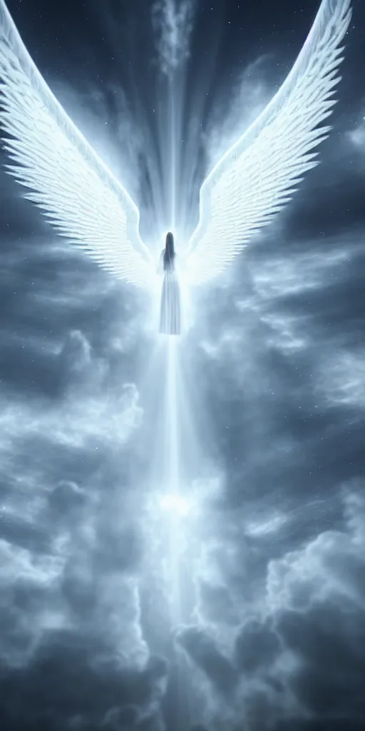 Image similar to a way to go to heaven. very beautiful and peaceful celestial way in the sky to go to the gate of heaven. we can see detailed angels fly across this way. white ominous. volumetric light, intricate, very beautiful fantasy art, digital illustration. unreal engine 5 rendering.