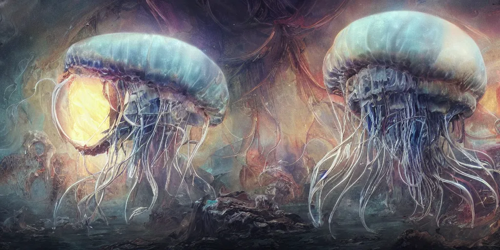 Prompt: concept art of giant translucent glowing jellyfish brain, renaissance, divers helmet, lots of teeth, melting horror, round moon, rich clouds, fighting the horrors of the unknown, mirrors, very detailed, volumetric light, mist, grim, fine art, decaying, textured oil over canvas, epic fantasy art, very colorful, ornate, anato finnstark