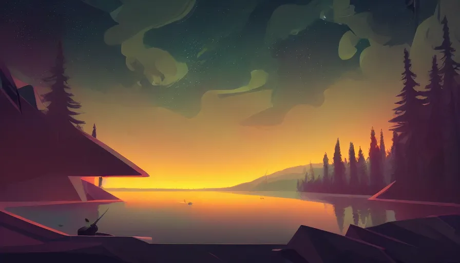 Image similar to mysterious lake area, night under the starry sky, concept art by jama jurabaev, artstation, cubo - futurism, 2 d game art, official art, concept art