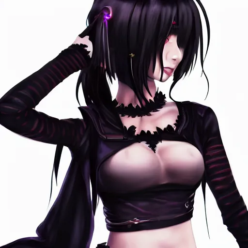 Prompt: goth anime girl in mini skirt and crop top intricate, extremely detailed, digital painting, artstation, concept art, smooth, sharp focus, illustration, intimidating lighting, incredible art,