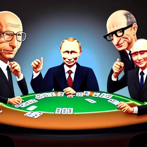 Image similar to UHD photorealistic Bill Gates playing poker with Klaus Schwab and Vladimir Putin, hyperrealistic, correct details, cosmic dynamic lighting, symmetrical faces, accurate faces, in the style of Mike Judge and Todd McFarlane