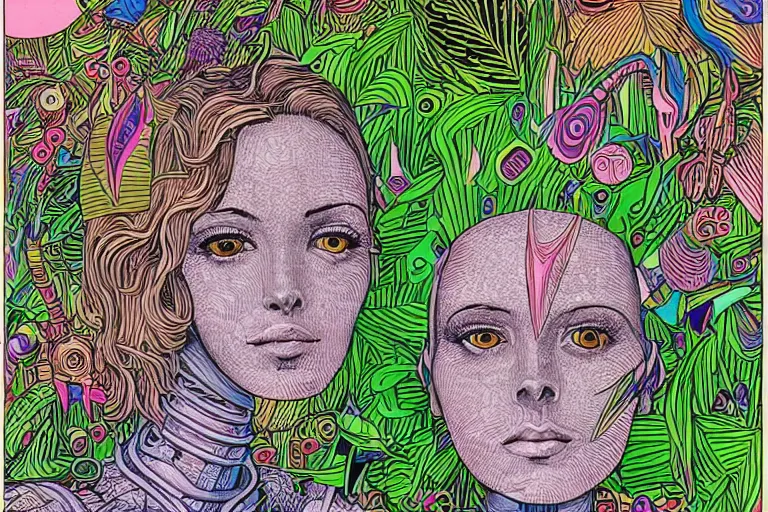 Image similar to gigantic robot - girl head floating in the space, a lot of exotic plants, trees, flowers, oldschool vintage sci - fi flat surreal grainy design, super - detailed, drawing by howard arkley, hd, 4 k, high quality