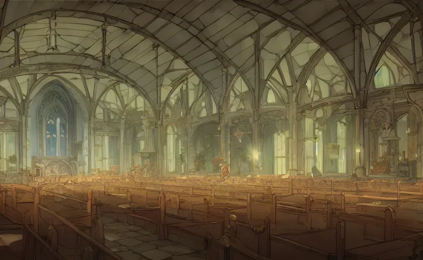 Image similar to a renaissance church hall, crystal lights, mysterious atmosphere, cel - shading, cinematic, artstation, studio ghibli, miyazaki, highly details