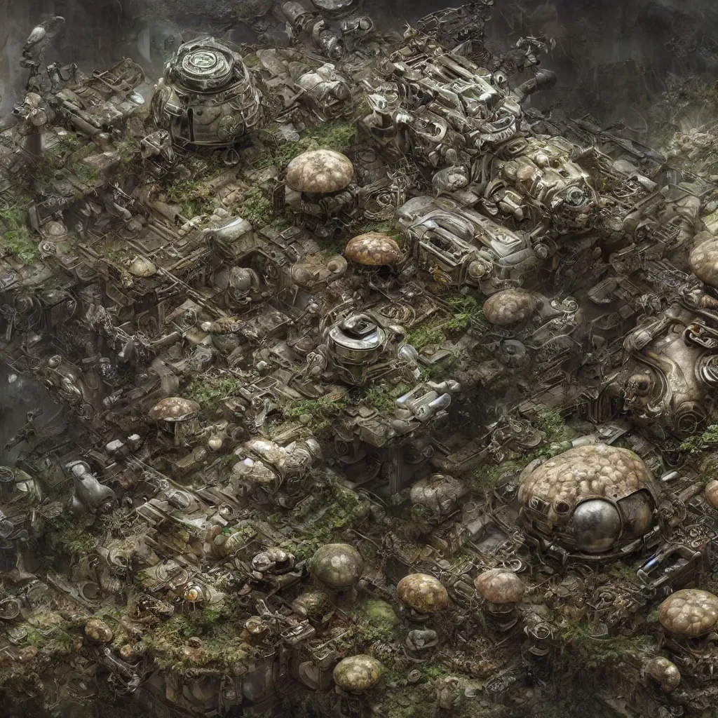 Prompt: a bio - mechanical tank with mushrooms as camouflage highly detailed, cinematic, perfect face, cyberpunk, fine details, studio lighting, subtle shadows, art by katsuya terada and hieronymus bosch, photo - realism, hyper realism, octane render