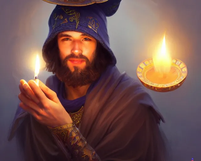 Prompt: a mind - blowing portrait of a fortune seeker male, holding a candle holder, wearing a silly hat, aquatic clothing, intelligent, deep focus, d & d, fantasy, intricate, elegant, highly detailed, digital painting, artstation, concept art, matte, sharp, illustration, hearthstone, art by artgerm and greg rutkowski and alphonse mucha