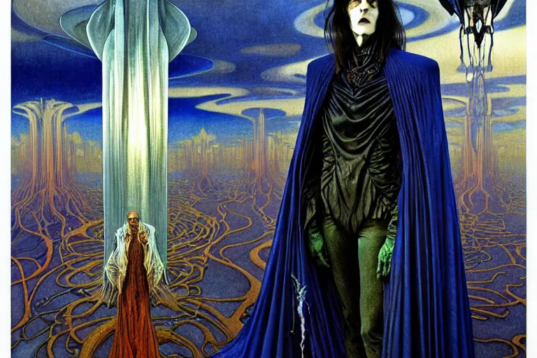 Image similar to realistic extremely detailed portrait painting of an elegantly creepy vampire man in a cape, futuristic sci-fi fortress on background by Jean Delville, Amano, Yves Tanguy, Alphonse Mucha, Ernst Haeckel, Edward Robert Hughes, Roger Dean, rich moody colours, blue eyes