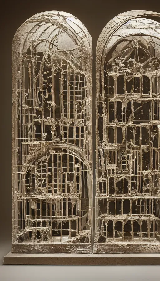 Prompt: stereotomy cut blocks iron and glass by Filippo Brunelleschi and Carlo Scarpa. A diorama of a courtyard surrounded by vaulted arches on display in a museum vitrine. Dramatic lighting . Bell jars filled with white slime mold, preserved ginseng. Awe, wow, highly detailed, product photography, well lit, 8k