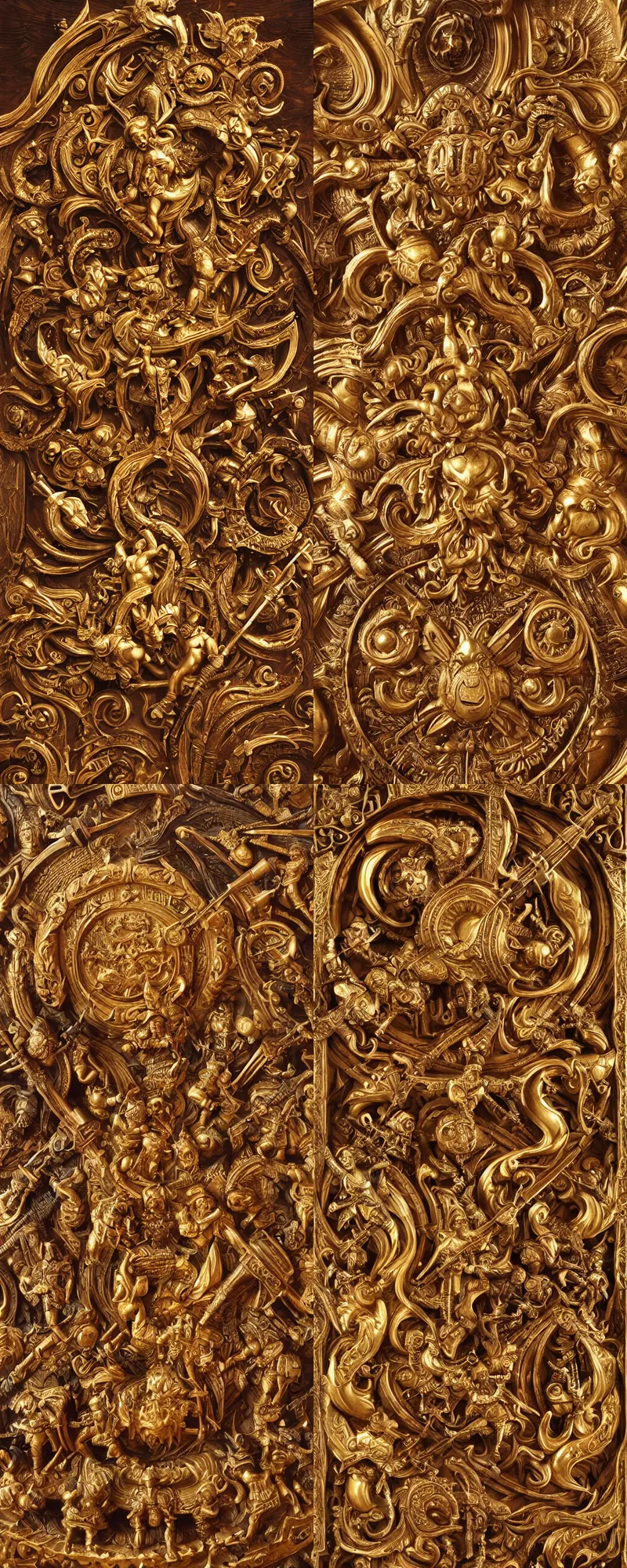 Prompt: gilded relief, carved in wood, very detailed, gilded gold, with designs of characters and weapons, by Justin Gerard and richar corben ,epic composition, cinematic shot, 80mm ,