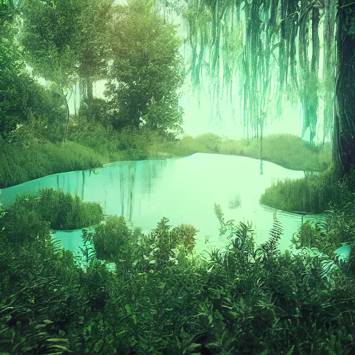 Image similar to supernatural magic occult mystical mystic paranormal preternatural otherworldly cryptic uncanny lush forest. water. lake. ocean. dome. crystals. uhd. 8 k. unreal and octane and unity and blender and cinema 4 d render. post processed color correction harmonic.