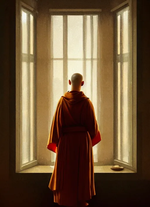 Prompt: oil painting of a franciscan monk in robes, looking out a window contemplatively, digital art, artstation, cinematic, golden hour, digital art painting by greg rutkowski