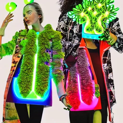 Image similar to very symmetrical fruits magazine steetwear photo of cute cool fashion worn by teens teens in the far future with glowing led lights and surrounded by plants, futuristic!!! haute couture fashion!!!!, nanotechnology and cybernetics!!! and solar power and prosthetic