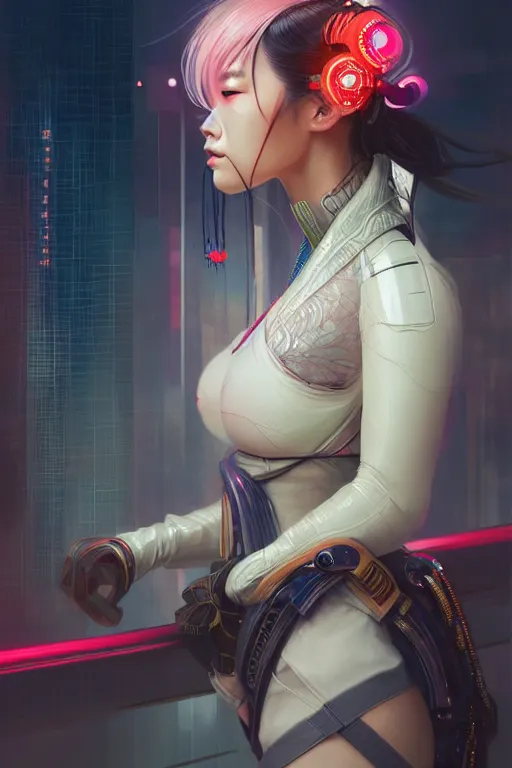 Image similar to portrait futuristic Samurai Girl, in future cyberpunk tokyo rooftop , ssci-fi, fantasy, intricate, very very beautiful, elegant, human anatomy, neon light, highly detailed, digital painting, artstation, concept art, smooth, sharp focus, illustration, art by tian zi and WLOP and alphonse mucha