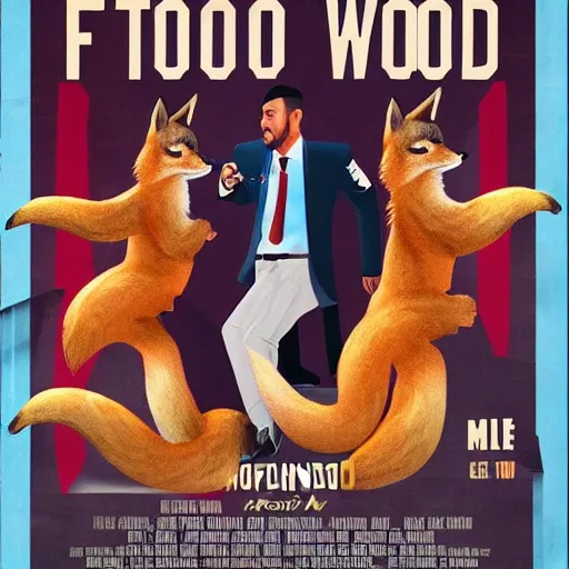 Image similar to hollywood quality poster for an action movie fearing an ahtnropomorphic male foxes in a suit stealing fried chicken, promotional media