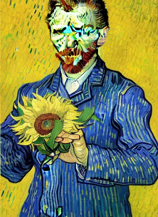 Image similar to hyper realistic vincent van gogh holding a flower drawn by chiara bautista and norman rockwell and greg rutkowski weta studio, and lucasfilm