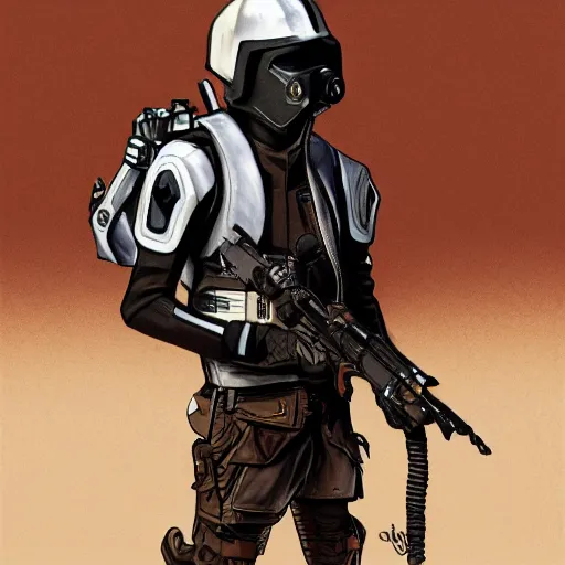 Image similar to futuristic rebel wearing black helmet, brown cloak, technical vest, and a radio backpack, photorealistic, digital art