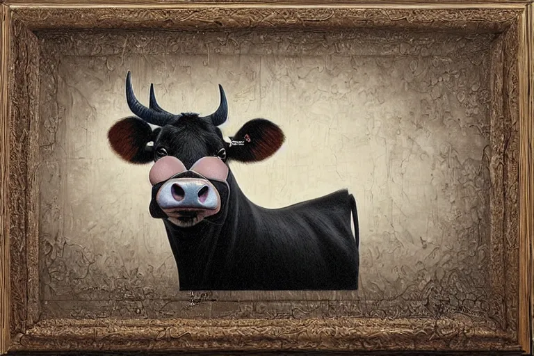 Image similar to 'Wherever you go, a cow is always watching you', by Mark Ryden