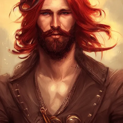 Image similar to rugged young ship captain, male, handsome, red hair, long hair, soft hair, fantasy, intricate, elegant, highly detailed, steampunk, digital painting, artstation, concept art, character art, smooth, sharp focus, illustration, art by artgerm