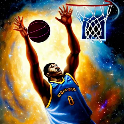 Image similar to cosmic basketball player dunking a basketball hoop in a nebula, an oil painting, by ( leonardo da vinci ) and greg rutkowski and rafal olbinski and ross tran, award - winning magazine cover