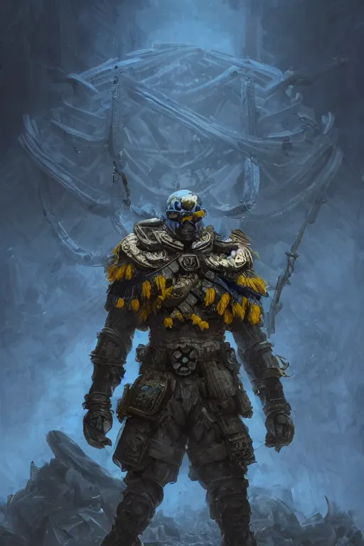 Image similar to a distant shot from below of a Ukrainian super soldier with blue and yellow flag behind him standing alone on a huge pile of skulls posing as a winner, masculine muscular figure, D&D, fantasy, intricate, elegant, highly detailed, extremely detailed, digital painting, artstation, concept art, matte, smooth, hyper realistic, sharp focus, illustration, art by Artgerm and Greg Rutkowski and Alphonse Mucha