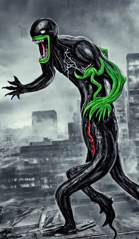 Image similar to Venom character standing on top of a destroyed car in an urban environment with his arms stretched wide, black slime, symbiote, sharp teeth, long tongue, green saliva, photorealistic by greghornart, DaveRapoza