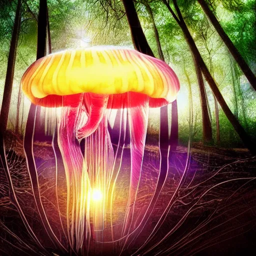 Image similar to jellyfish, mushroom, sun, water, forest