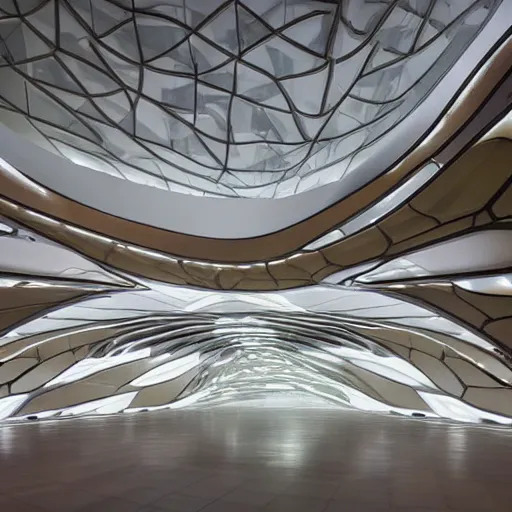 Prompt: stunning beautiful futuristic museum interior by Zaha Hadid, dragonfly wings pattern