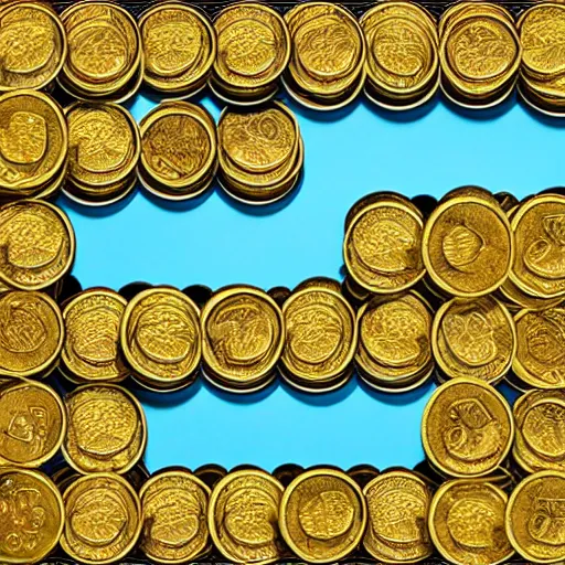 Prompt: photorealistic photograph of a swimming pool full of gold coins instead of water, pool with coins inside, pool inside a vault, pool with no water in it, pool full of gold coins