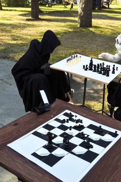 Image similar to Grim reaper and cat playing chess on a park table