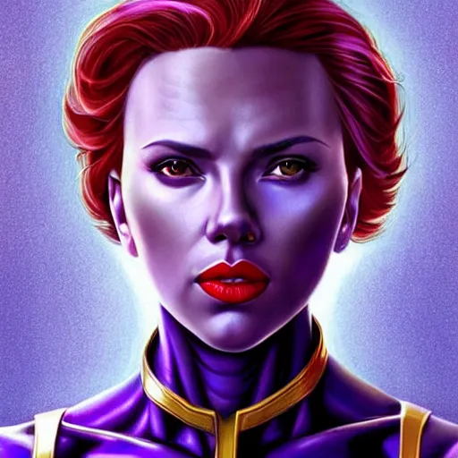 Prompt: scarlett johansson as thanos, feminine beautiful muscular fitness model wearing armor, dark purple skin, red lips, very strong jaw, pin up, attractive, highly detailed upper body portrait, pretty face, elegant, breathtaking art, concept art, by artgerm and ilya kuvshinov