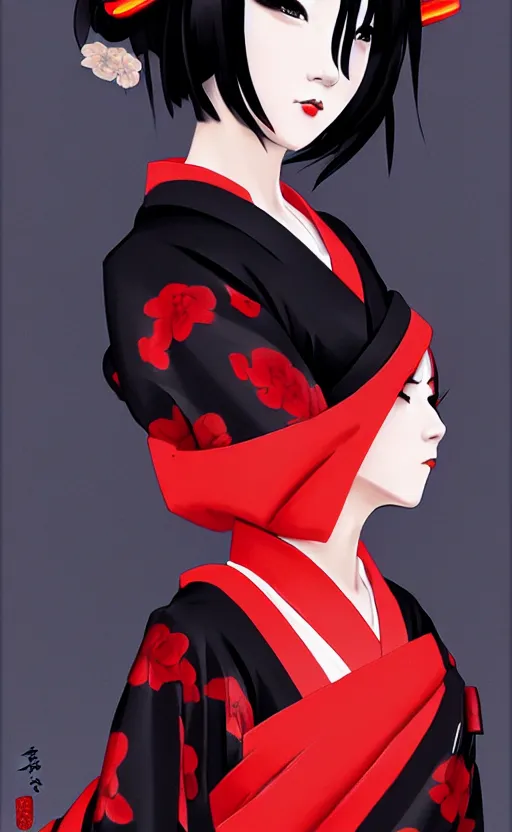 Prompt: a beautiful geisha, black kimono with red lining, anime. realistic shaded lighting by ilya kuvshinov giuseppe dangelico pino and michael garmash and rob rey, 8 k