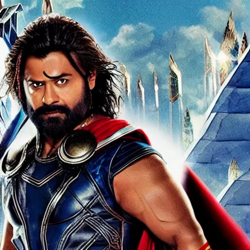 Image similar to film still of rocking star yash as thor in thor ragnarok