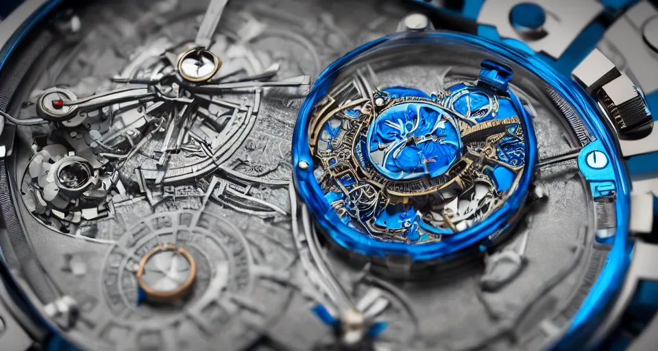 Prompt: complex 3 d render of a futuristic steampunk watch lying on a table, high detail, sharp focus, glowing blue interior components, fractal detail, depth of field, bokeh, cinematic lighting and composition, octane render, film grain, piaget