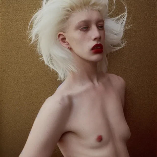 Image similar to a color photograph of a non binary model, platinum blonde, by nan goldin, intense, bold, hyperrealistic, ultra sharp, extra details, ultra high quality, trending on pinteresst