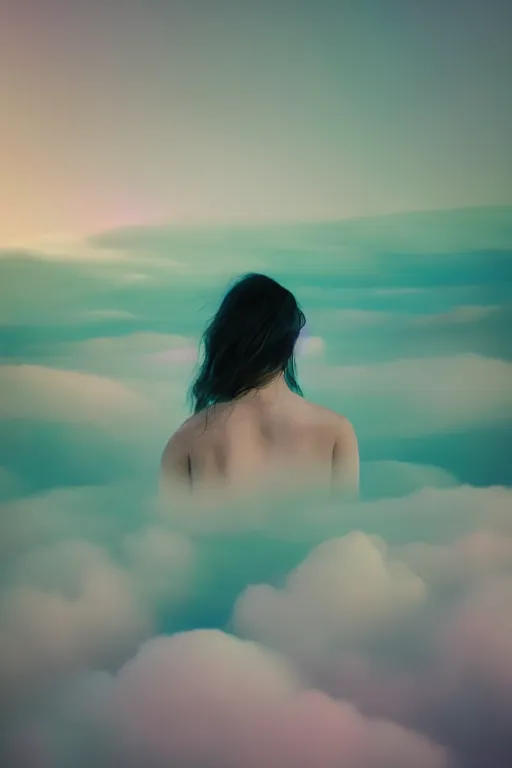 Image similar to high quality pastel coloured film close up wide angle photograph of a model wearing clothing swimming on cloud furniture in a icelandic black rock!! environment in a partially haze filled dreamstate world. three point light, rainbow. photographic production. art directed. pastel colours. volumetric clouds. pastel gradient overlay. waves glitch artefacts. extreme facial clarity. 8 k. filmic.