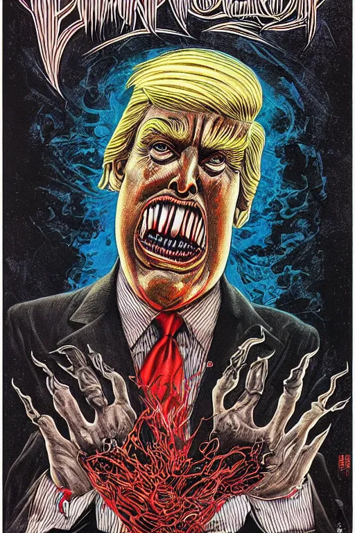 Prompt: donald trump's disgusting true form, horror, high details, intricate details, by vincent di fate, artgerm julie bell beeple, 9 0 s, inking, vintage 6 0 s print, screen print