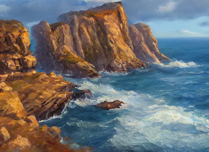 Prompt: cinmatic shot, coastal cliffs, oil painting by jama jurabaev, extremely detailed, brush hard, artstation, for aaa game, high quality, brush stroke